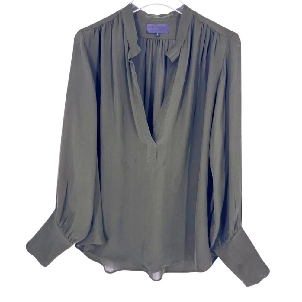 Nili Lotan 100% Silk Blouse V Neck Large Green